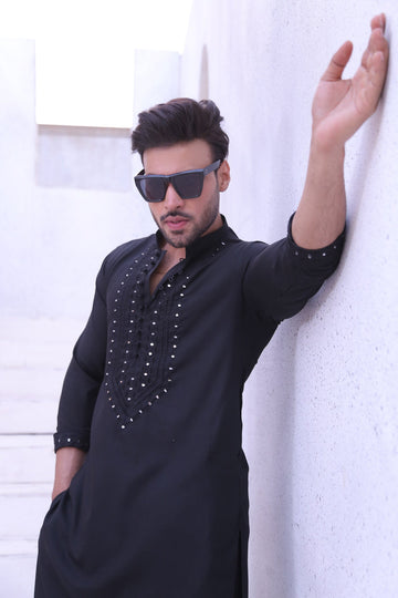 Black Color Mirror Work Embroidery Kurta Pajama For Men